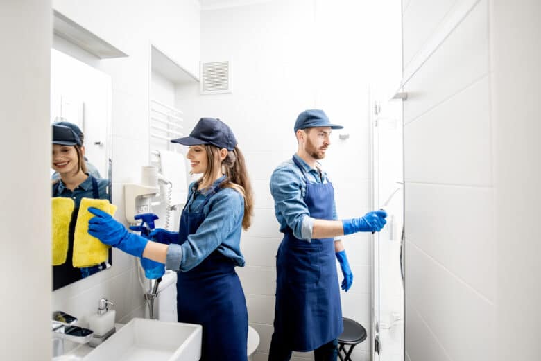 Couple as a professional cleaners in blue uniform cleaning bathroom. Cleaning service concept