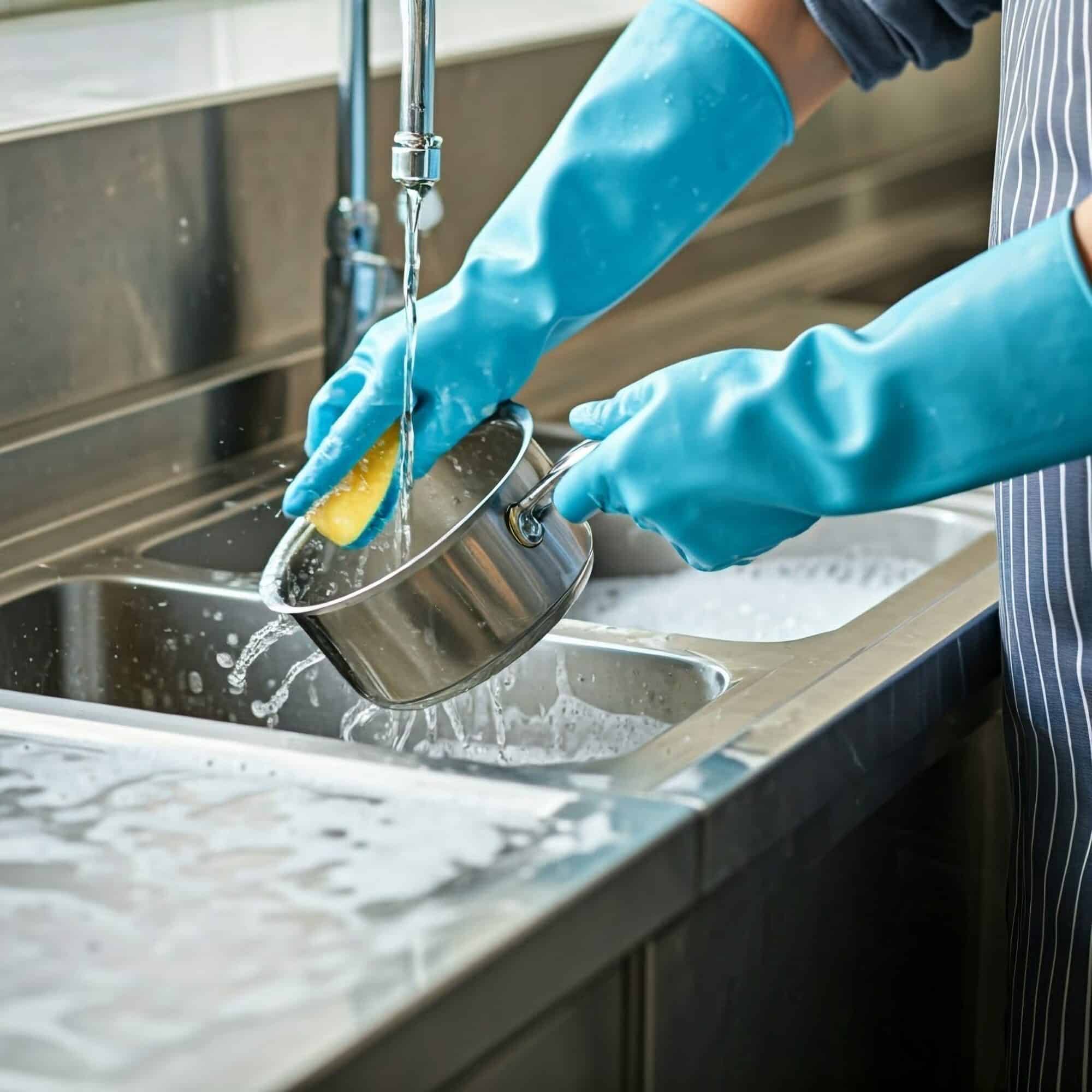 Professional kitchen setting, elongated format, stainless steel sink with two large basins, filled with water and soap bubbles, vibrant details, high-resolution, person wearing long thick blue nitrile gloves washing a saucepan, scouring pad, natural; Shutterstock ID 2609207947; purchase_order: Produits vaisselle Ecolabel; job: ; client: ; other: ; is_generated: true